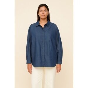 Lafayette 148 New York Oversized Snap Button Long Sleeve Blue Large